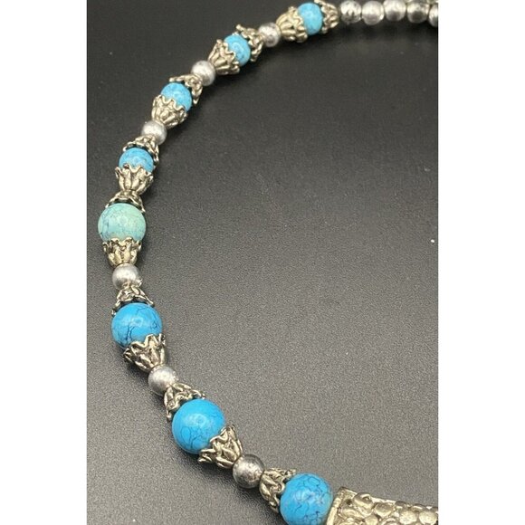 Faux Turquoise Beads Necklace Tibetan Silver Leaves Tribal Lady's Torque 14-17" - Picture 4 of 8